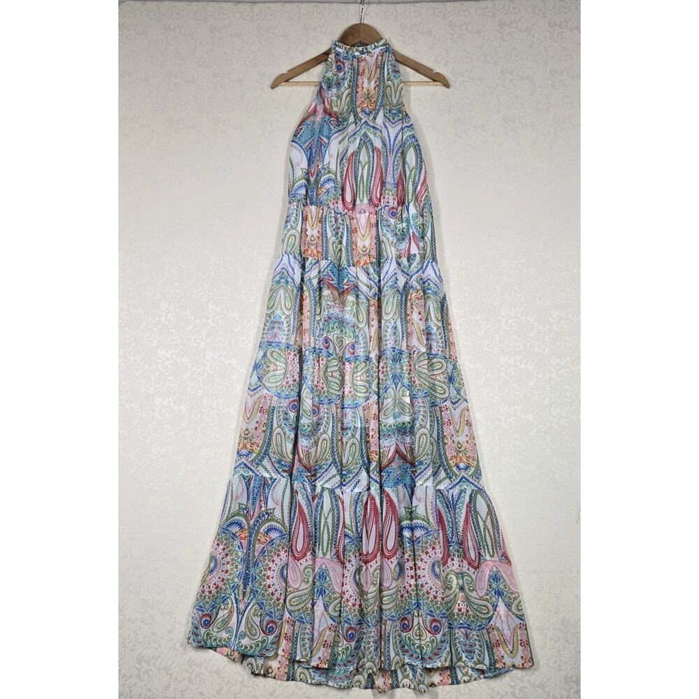 New York & Company Paisley Floral Halter Maxi Dress XL Tiered Resort Vacation